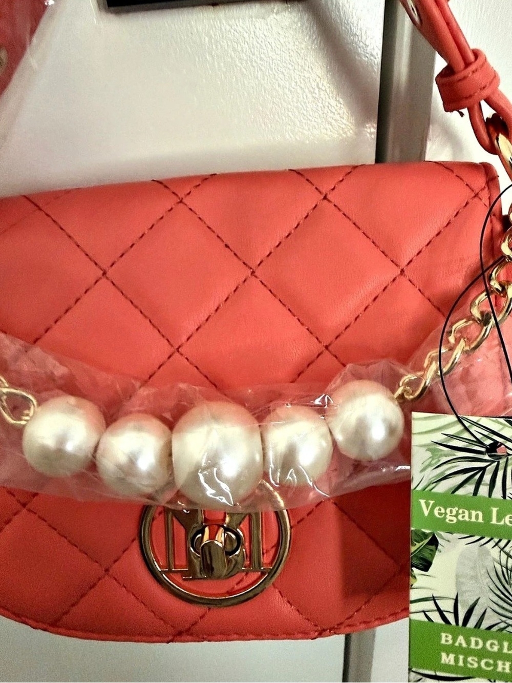 Vegan Leather Quilted Coral Bag with Pearl Accent
